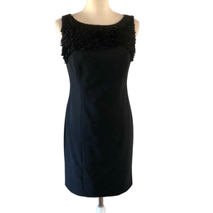 Ann Taylor Little Black Dress Sleeveless Wool Sheath Ribbon detail size 4Petite